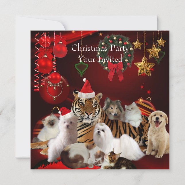 Pets Christmas Party Xmas Tiger Cats Dogs Invitation (Front)