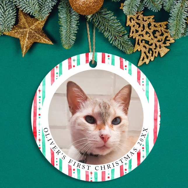 Pet's First Christmas 2 Photo Watercolor Stripes Ceramic Tree Decoration (First Christmas Pets Photo Ornament Peppermint)