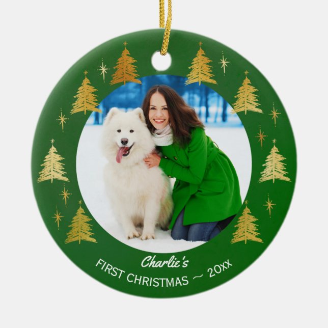 Pets First Christmas - Custom Puppy Dog Photo Ceramic Tree Decoration (Front)