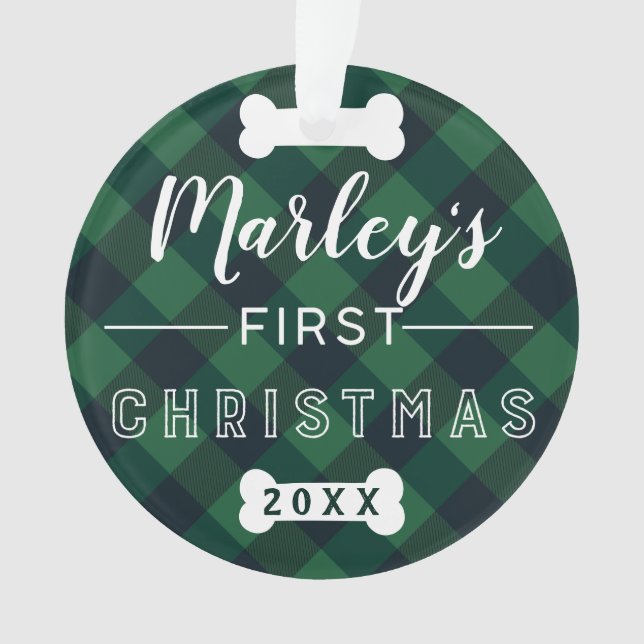 Pet's First Christmas | Green Buffalo Plaid Photo Ornament (Front)