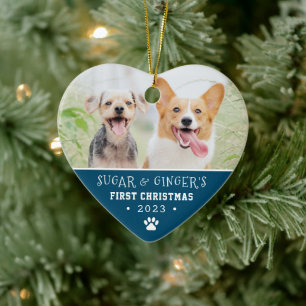 Pet's First Christmas Paw Print Blue Photo Ceramic Tree Decoration