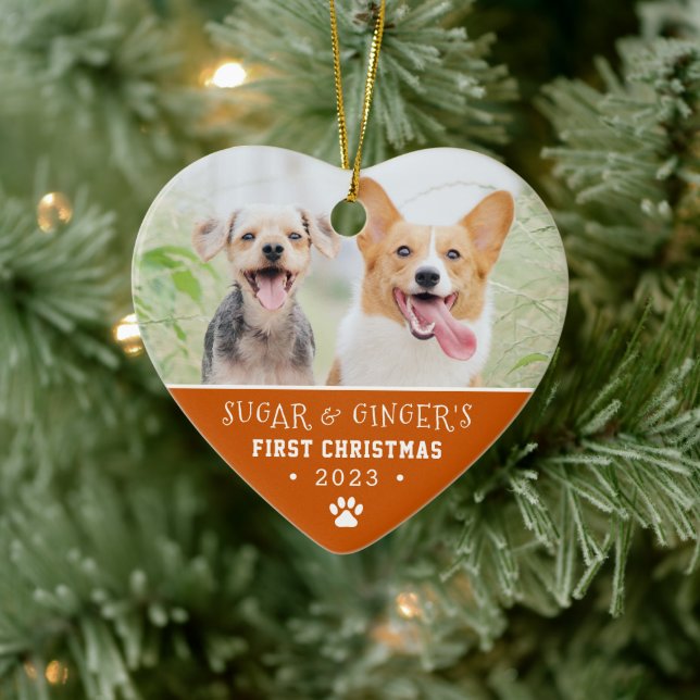 Pet's First Christmas Paw Print Orange Photo Ceramic Tree Decoration (Tree)