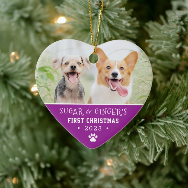  Pet's First Christmas Paw Print Purple Photo Ceramic Tree Decoration (Tree)