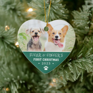 Pet's First Christmas Paw Print Turquoise Photo Ceramic Tree Decoration
