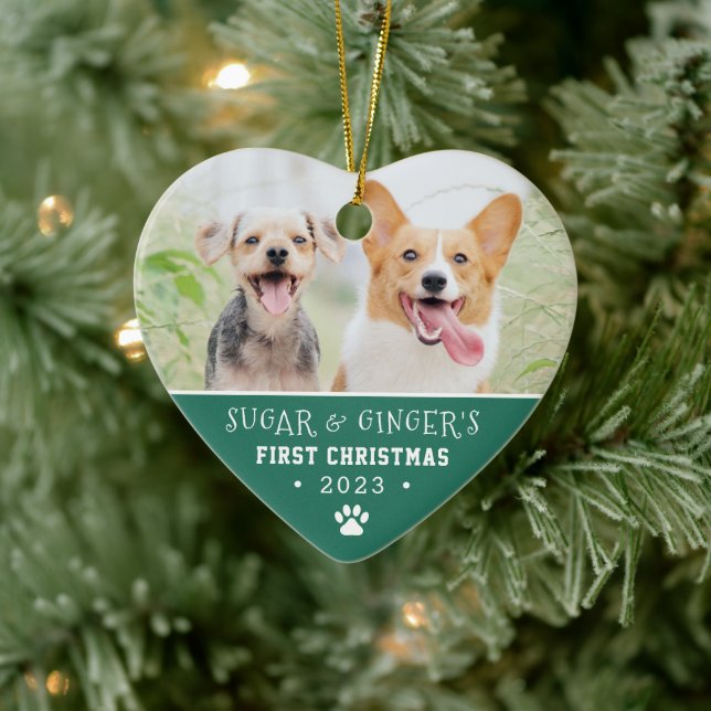 Pet's First Christmas Paw Print Turquoise Photo Ceramic Tree Decoration (Tree)