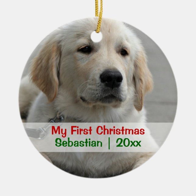 Pet's First Christmas Personalised Photo Template Ceramic Tree Decoration (Front)