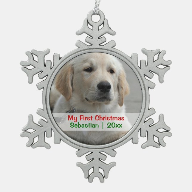 Pet's First Christmas Personalised Photo Template Snowflake Pewter Christmas Ornament (Front)