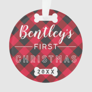 Pet's First Christmas   Red Buffalo Plaid Photo Ornament