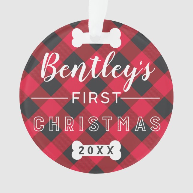 Pet's First Christmas | Red Buffalo Plaid Photo Ornament (Front)