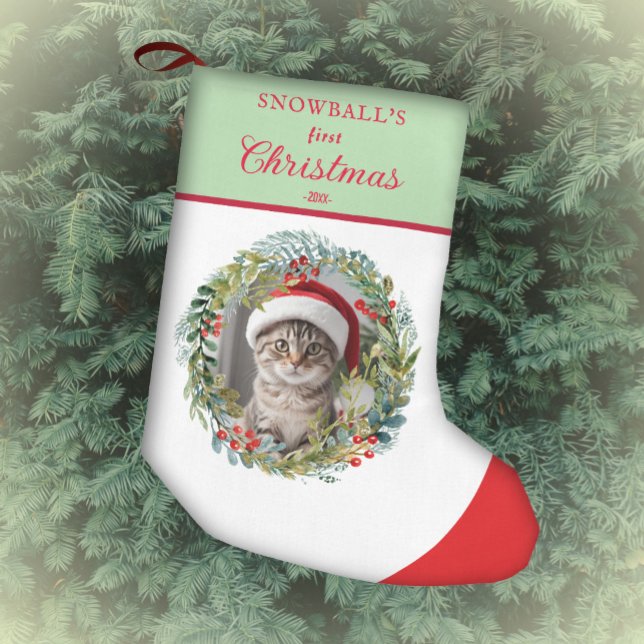 Pet's First Christmas Watercolor Wreath Small Christmas Stocking (Creator Uploaded)