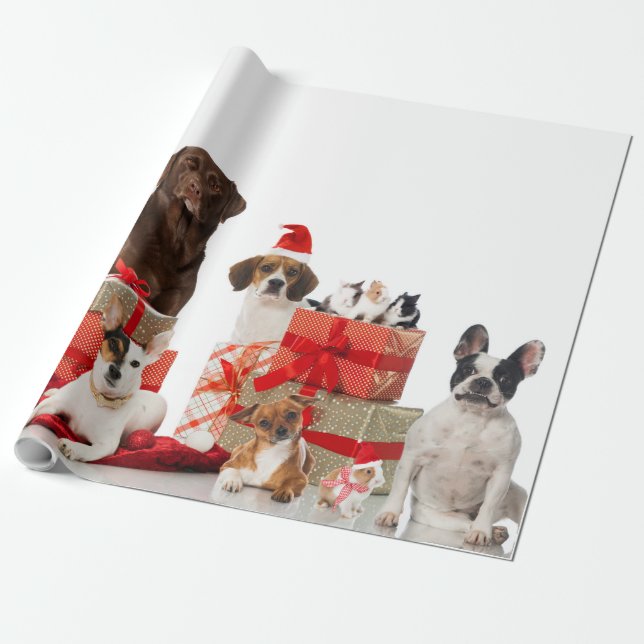 Pets in Santa hats Christmas Wrapping Paper (Unrolled)