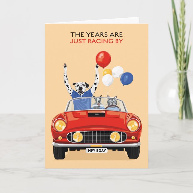 Pets in Sports Car Years Racing By Greeting Card (Front)