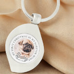 Pet's My First Christmas In Forever Home Modern Key Ring<br><div class="desc">Design is composed of modern typography with sans serif and serif font. Add a custom photo of adopted pet and year.</div>