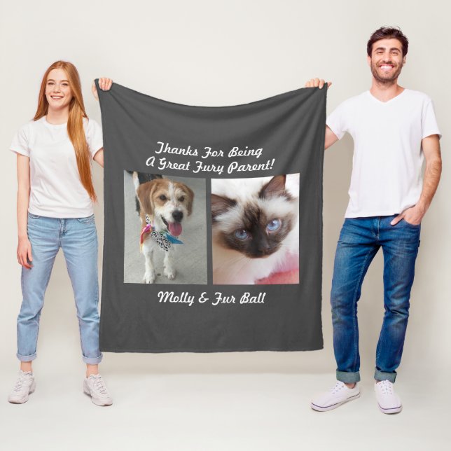 Pet's or Family Photos, Message & Names, Dark Grey Fleece Blanket (In Situ)