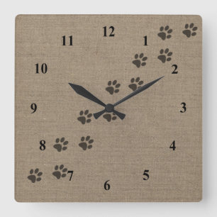 Pets Pawprints on Burlap Effect Design Square Wall Clock