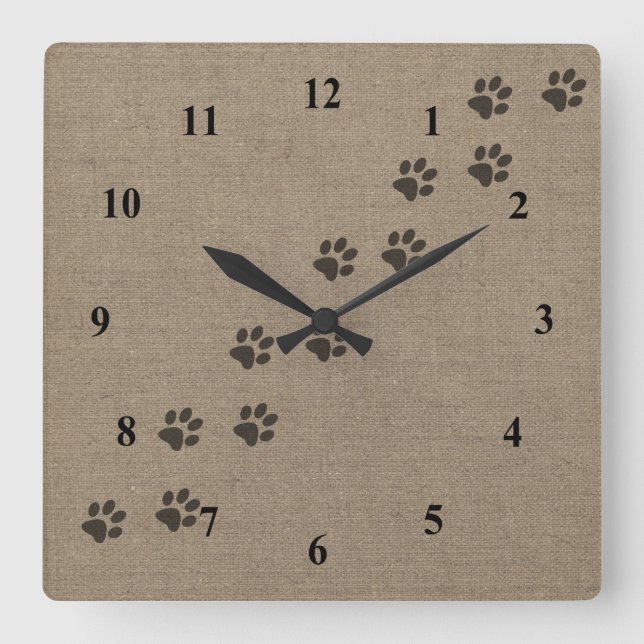 Pets Pawprints on Burlap Effect Design Square Wall Clock (Front)