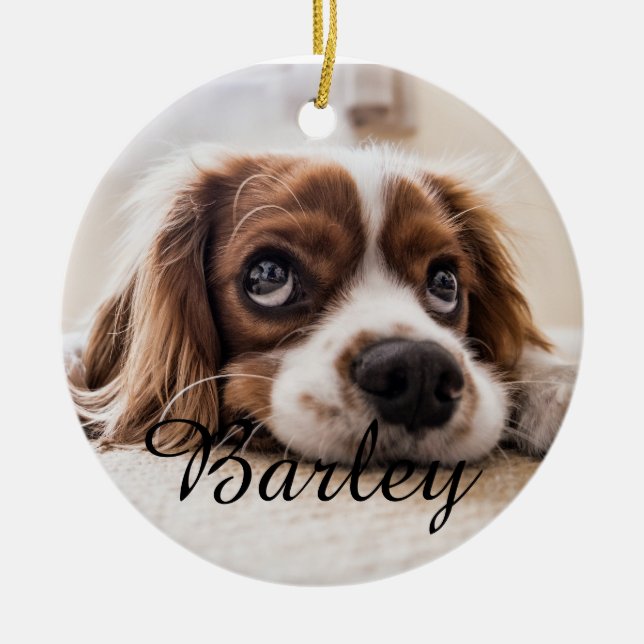 Pet's Simple Elegant Dog Name and Photo Christmas Ceramic Tree Decoration (Front)