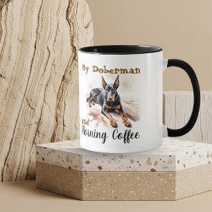 Pets Watercolor Blacks/Brown Doberman Personalise Mug