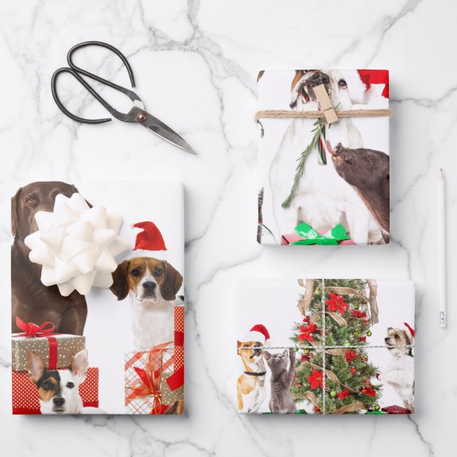 Pets with Santa Hats Wrapping Paper Flat Sheets (Front)