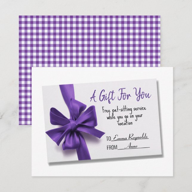Petting-Sitting Service Purple Bow Gift Holiday Card (Front/Back)