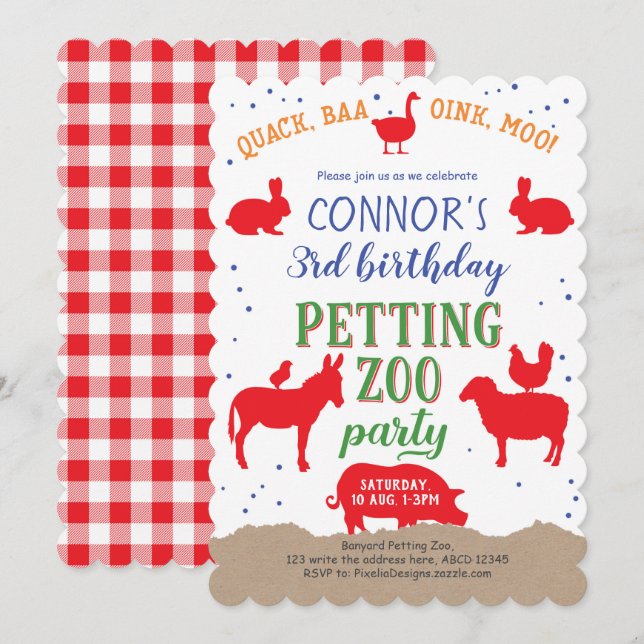 Petting zoo, Boy, Banyard Farm Animal Birthday Invitation (Front/Back)