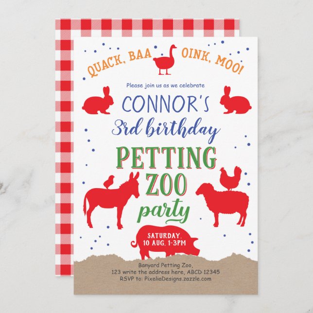 Petting zoo, Boy, Banyard Farm Animal Birthday Invitation (Front/Back)