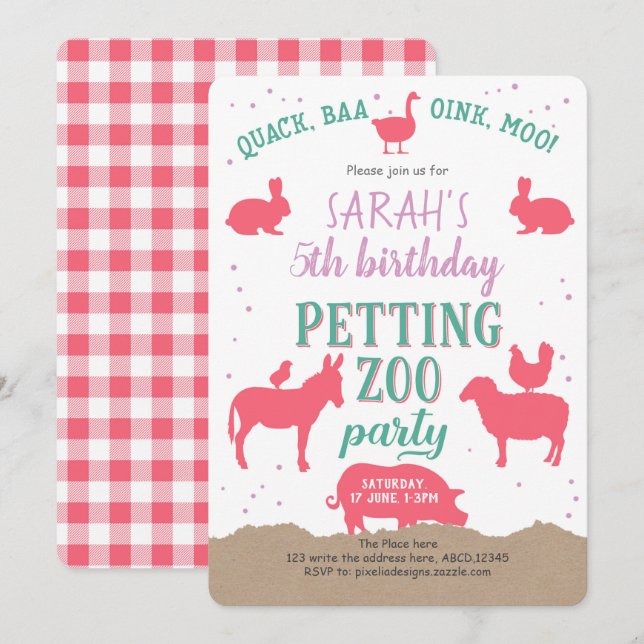 Petting Zoo Party, Pink, Farm Animals, Girl Invitation (Front/Back)