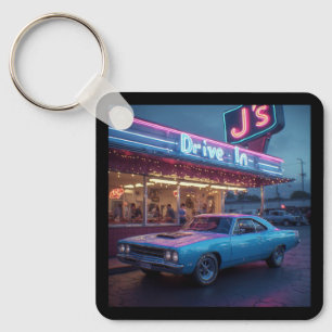Petty Blue Vintage Muscle Car At Neon Diner Art Key Ring