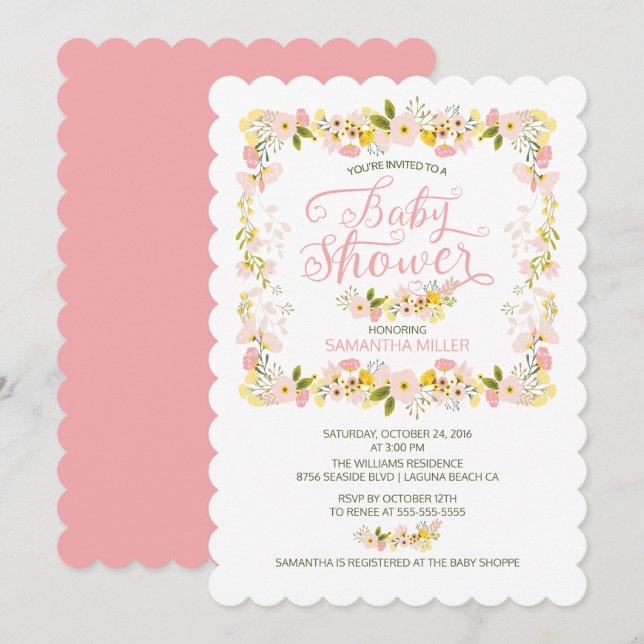 Petty Floral Frame Girls Baby Shower Invitation (Front/Back)