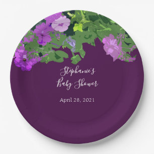 Petunia Floral Eggplant Purple Baby Shower Pretty Paper Plate