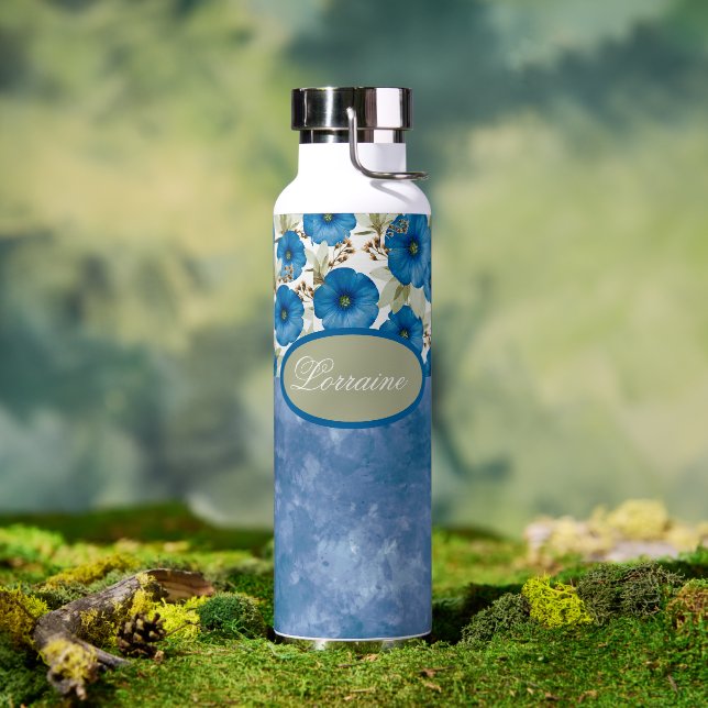 Petunia Flowers and White Washed Denim Look Water Bottle (Outdoor)