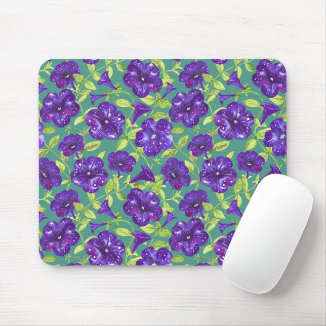 Petunia Night Sky on teal background Throw Pillow Mouse Mat (With Mouse)