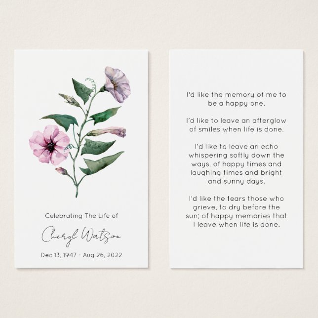 Petunia | Simple Funeral Memorial Prayer Card (Front & Back)