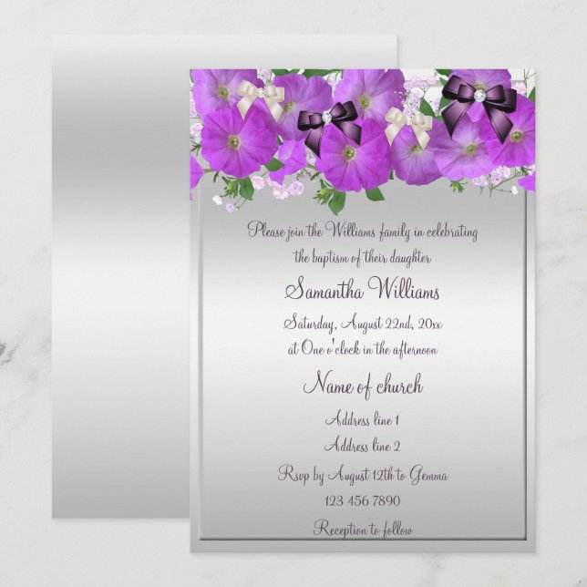 Petunias & Bows Girls Baptism Invitation (Front/Back)