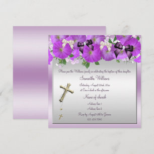 Petunias, Bows, Rosary & Beads Girls Baptism Invitation