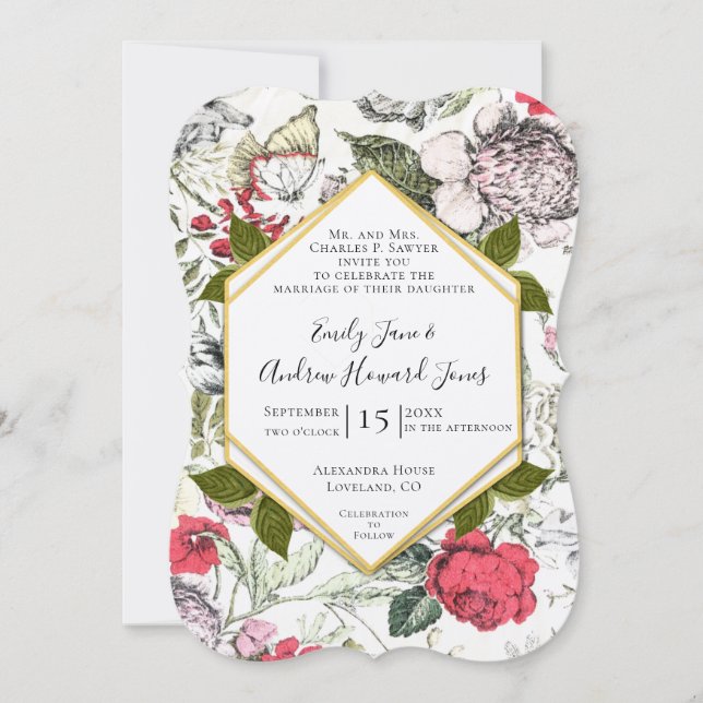 Petunias  Roses Fauna Greenery Wedding Invitation (Front)