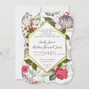 Petunias Roses Fauna Greenery Wedding Invitation