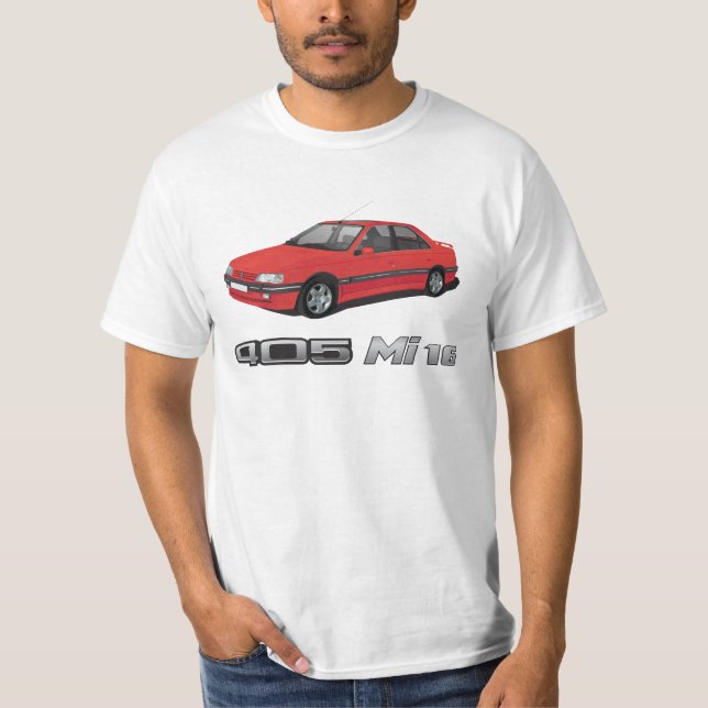Peugeot 405 with Mi 16 metallic badge, red, DIY T-Shirt (Front)
