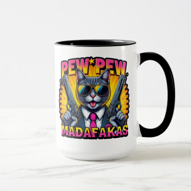 Pew Pew Madafakas Cool Cat with Style and Pistols Mug (Right)