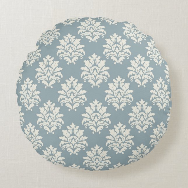 Pewter Blue and Alabaster Damask RoundThrow Pillow (Front)