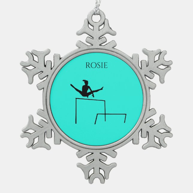 PEWTER GYMNASTICS SNOWFLAKE ORNAMENT. SNOWFLAKE PEWTER CHRISTMAS ORNAMENT (Front)