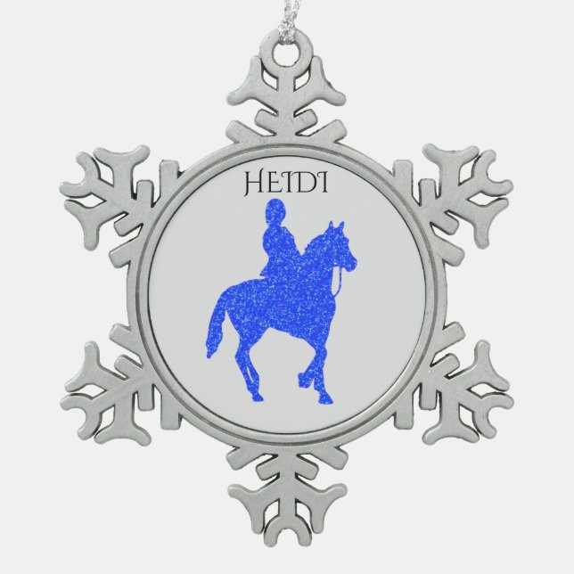 PEWTER" HORSEBACK RIDING" SNOWFLAKE ORNAMENT. SNOWFLAKE PEWTER CHRISTMAS ORNAMENT (Front)