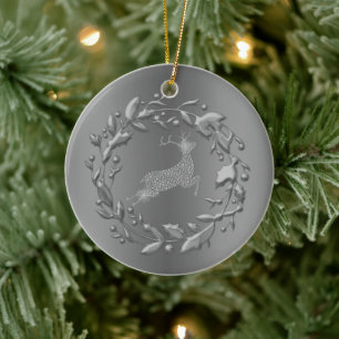 Pewter Reindeer and Wreath Christmas Ceramic Tree Decoration