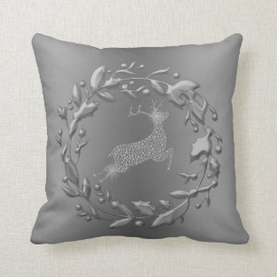 Pewter Reindeer and Wreath Christmas Cushion