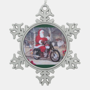 Pewter Santa on a Motorcycle Christmas Ornament