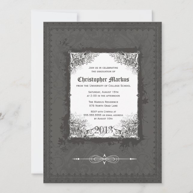 Pewter scroll frame graduation party invitation (Front)