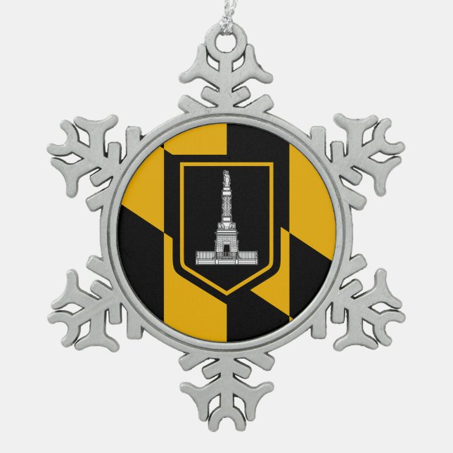 Pewter Snowflake Ornament with Baltimore Flag (Front)