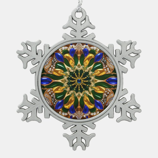 Pewter Snowflake Ornament with Brazil Colours (Front)
