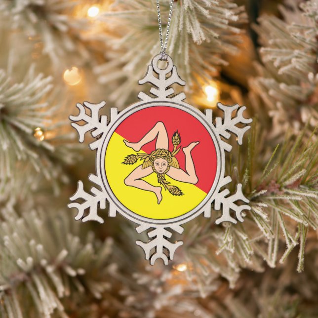Pewter Snowflake Ornament with Sicily Flag (Tree)