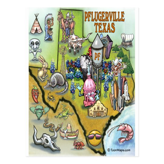 Pflugerville Texas Cartoon Map Postcard